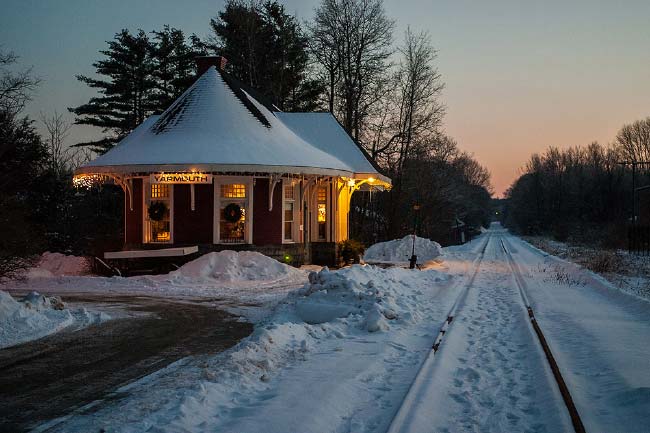 Historic Grand Trunk Station at Night in Winter